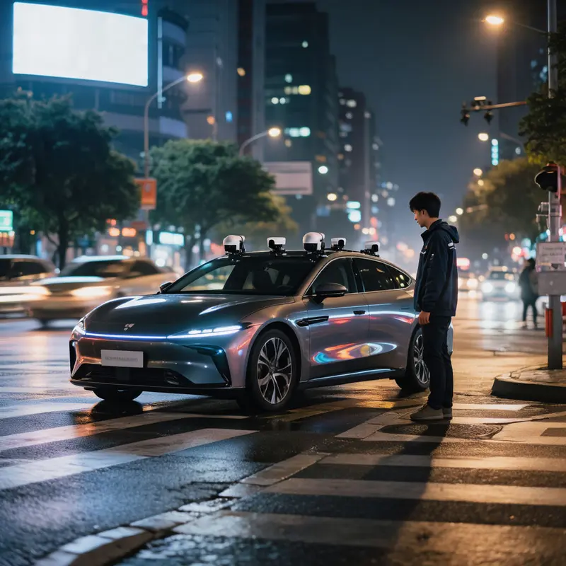 A camera-equipped Tesla waits at a neon-lit intersection while an engineer observes its behavior.