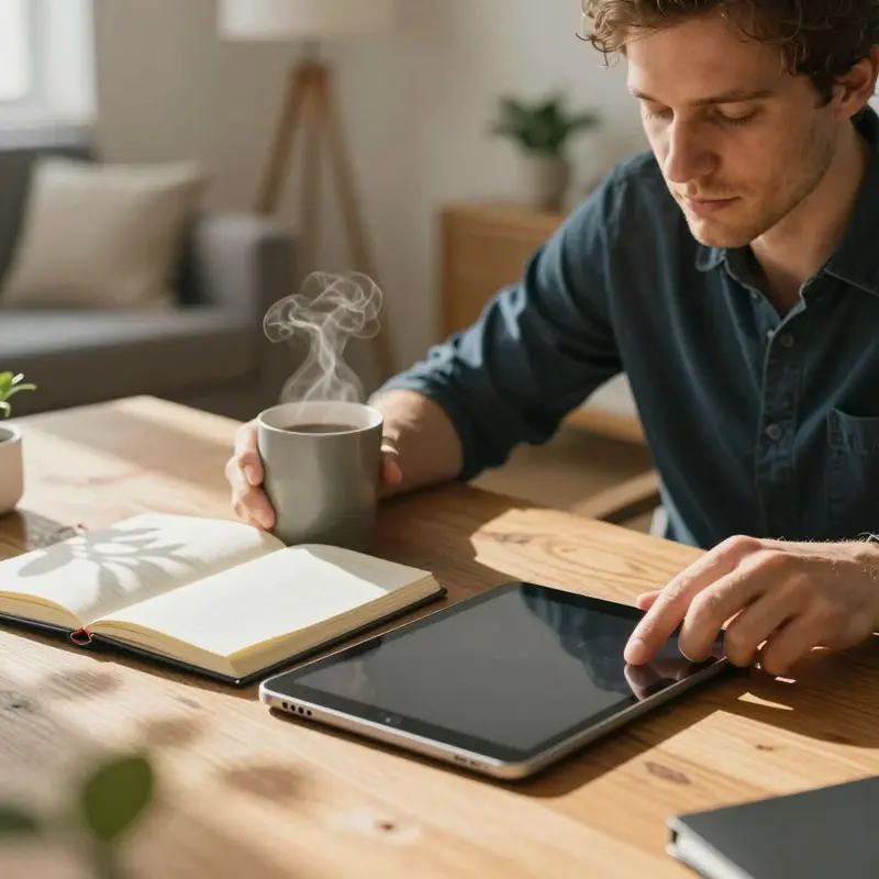 A man pauses over a desk holding both analog and digital tools at the start of the day.