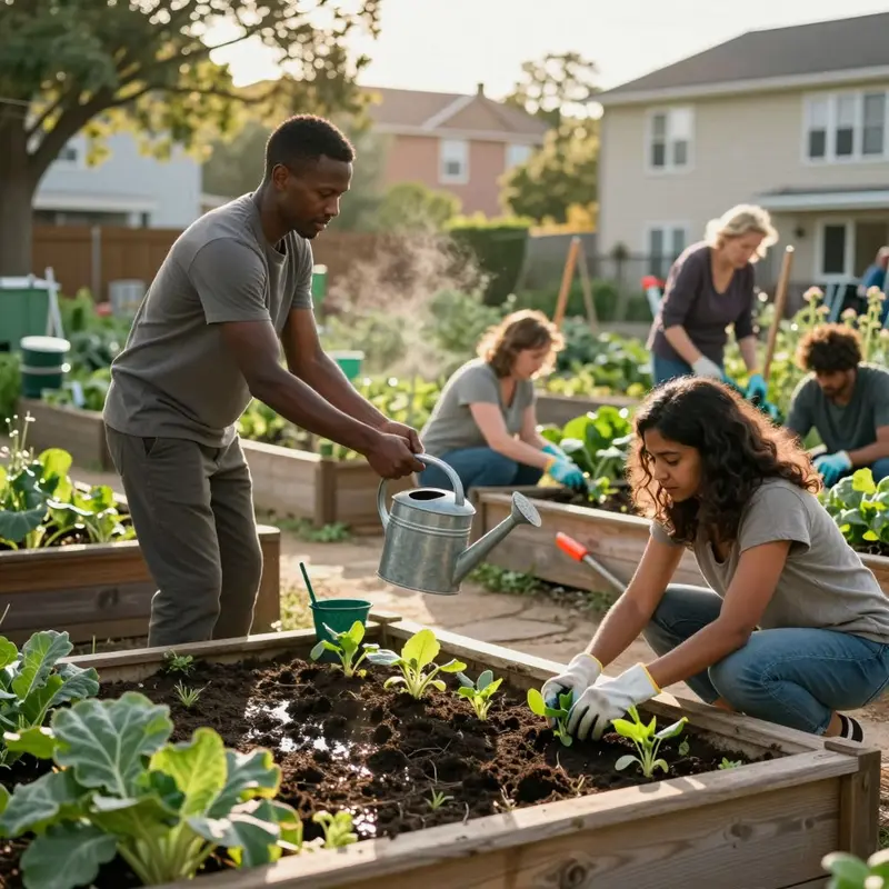 Neighbors tend raised beds in a community garden, passing tools and watering plants together.