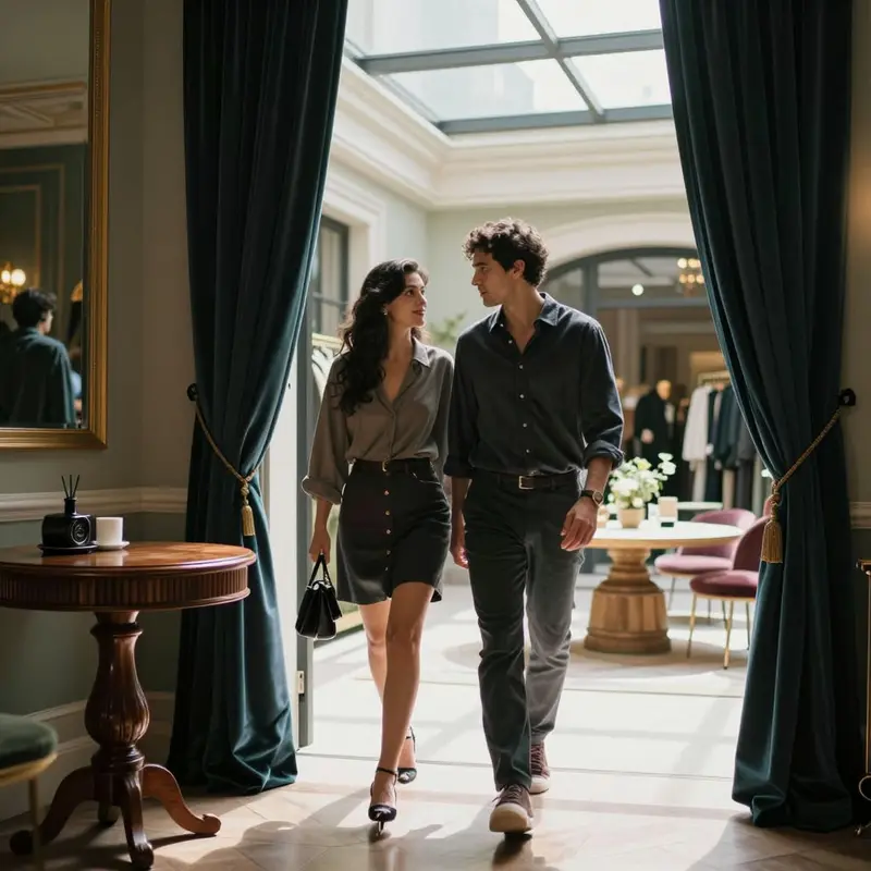 European man and Hispanic woman browse upscale decor items in a boutique.