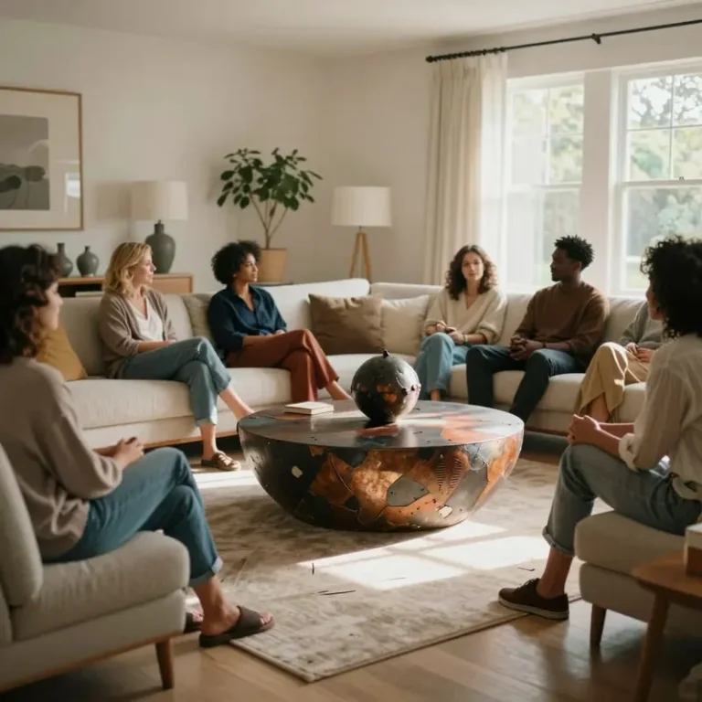 Caucasian, Black, and Hispanic individuals in a luxurious living room surrounded by ethical luxury home decor elements.