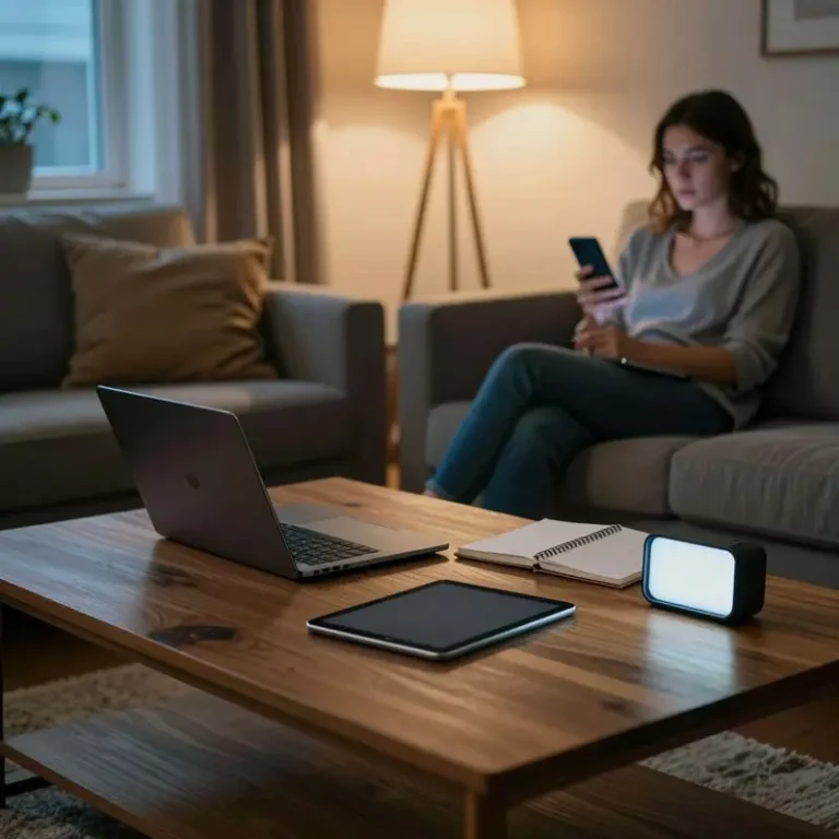 A woman looks from a smartphone to analog and digital productivity tools on a coffee table in a calm living room.