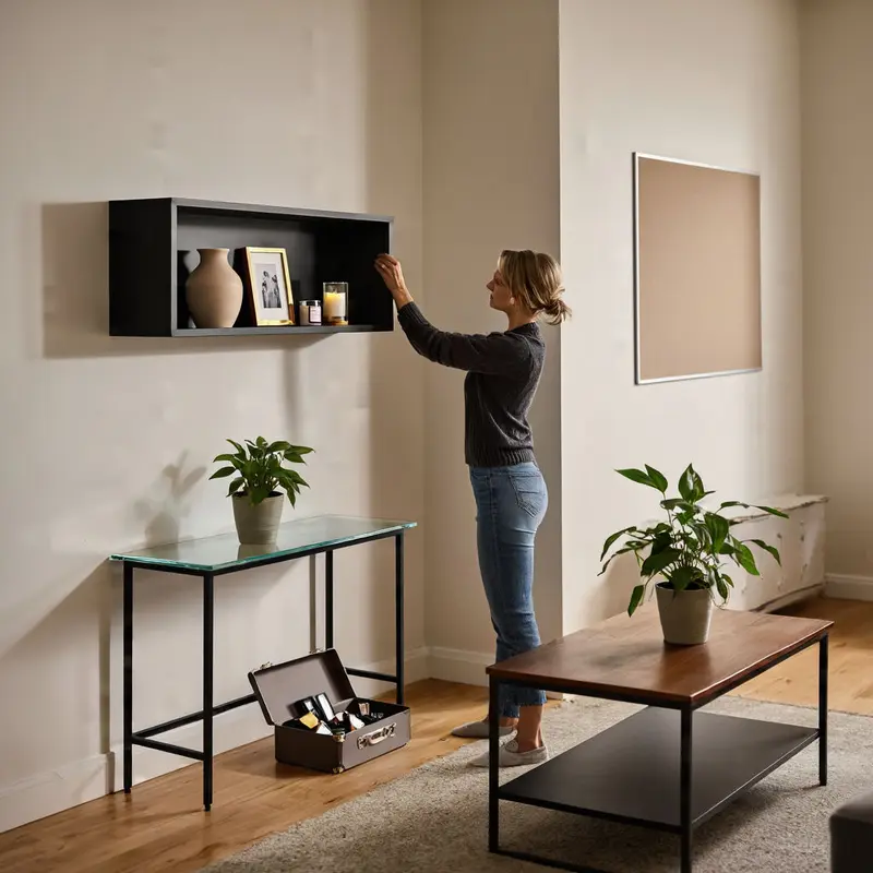 A woman sets a few favorite objects on a shelf while storing extra decor for future rotation.