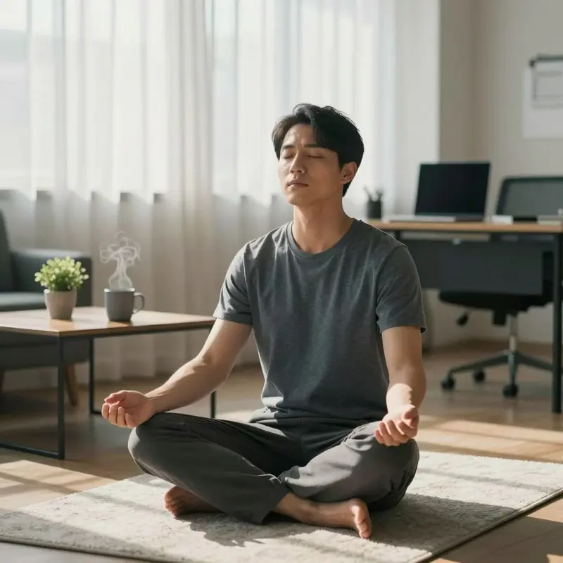 An office worker practices calm, seated breathing in soft morning light.