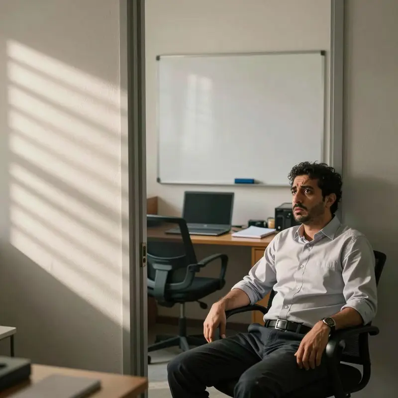 A worried business owner looks toward an unused workstation, symbolizing failed onboarding.