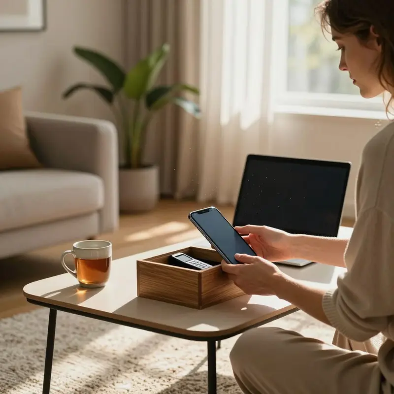 A woman powers down her smartphone and reaches for a simpler device in a calm, sunlit living room.