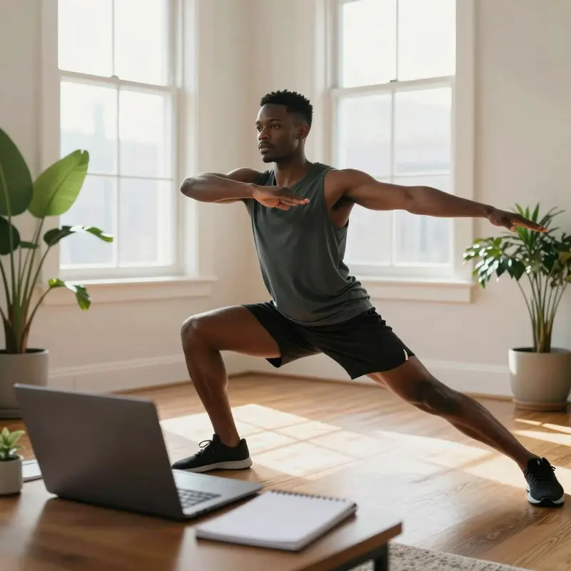 A professional performs dynamic lunges in a sunlit living room before starting work.