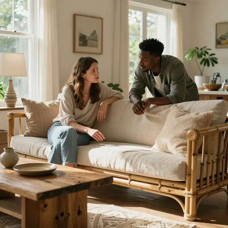 A young Caucasian woman and Black man evaluate sustainable furniture in a stylish living room.