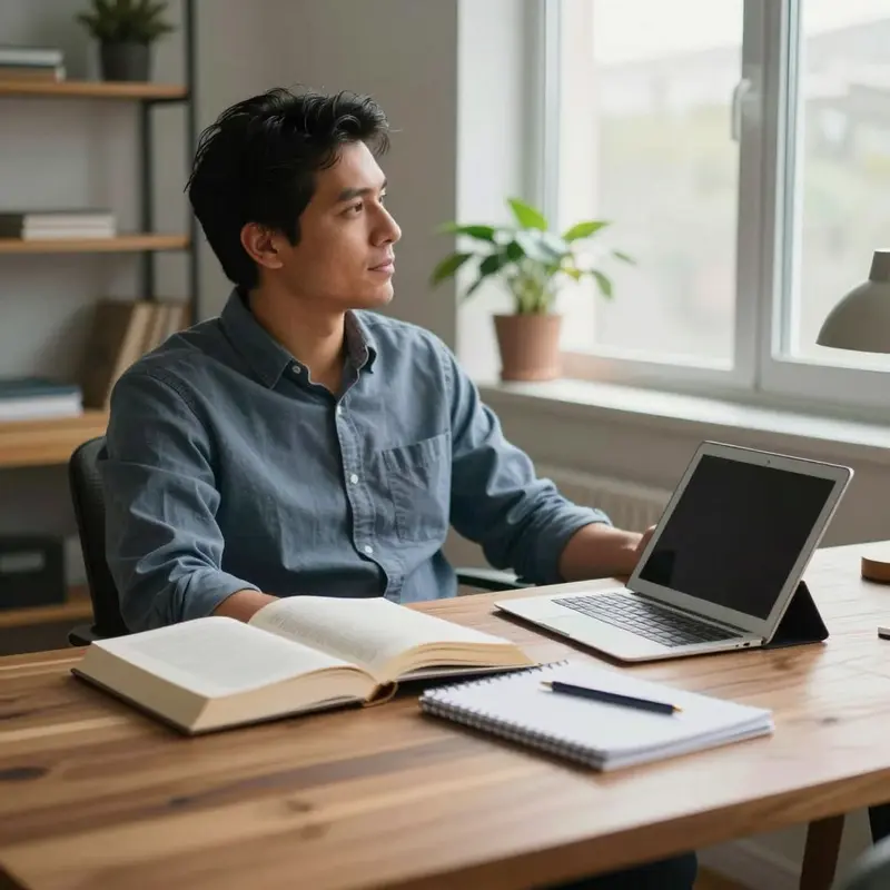 A professional sits calmly at a desk with closed materials, suggesting freedom from constant re-researching of investments.