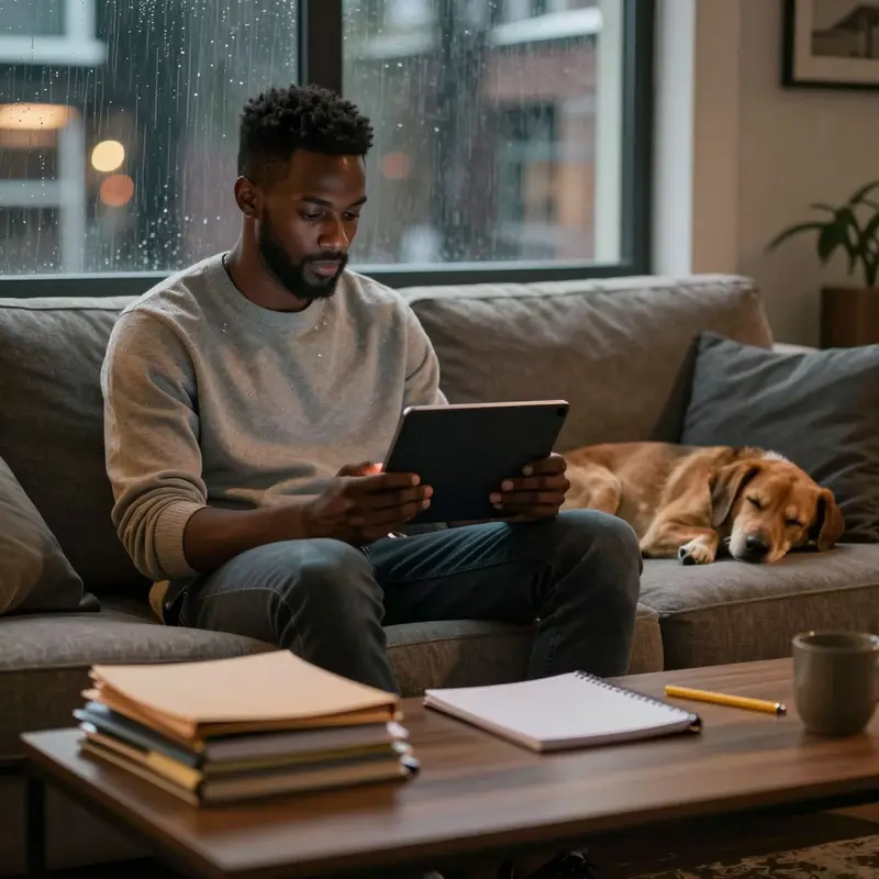 An entrepreneur relaxes at home in the evening, symbolizing the comfort of predictable cash flow.