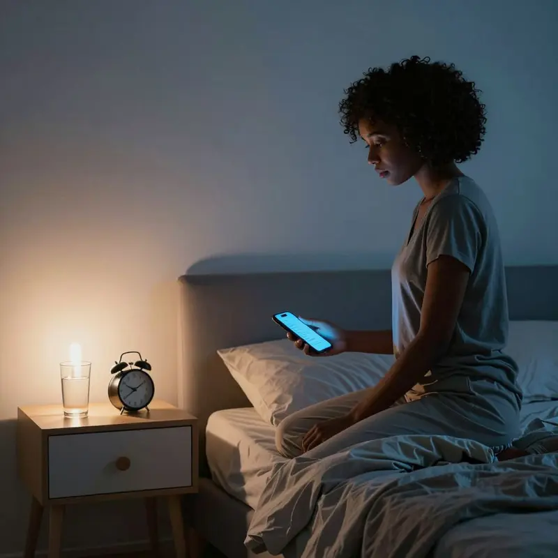A woman weighs a glowing smartphone against a simple analog setup in a calm bedroom.