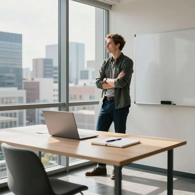 A professional looks out over the city, stepping away from a tidy workstation that suggests a pause from minor optimizations.
