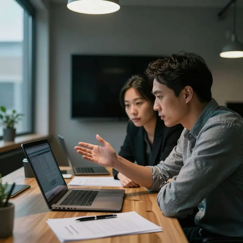 A business owner and analyst review results together at a desk, representing measurement of onboarding ROI.