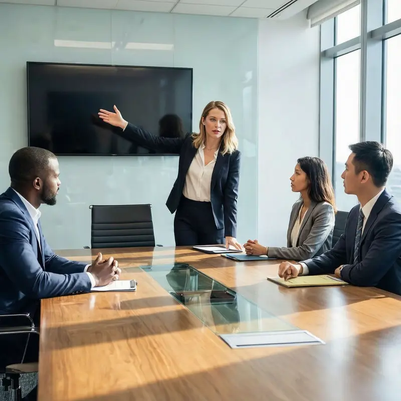 An executive presenting to a small group during a structured governance review meeting.