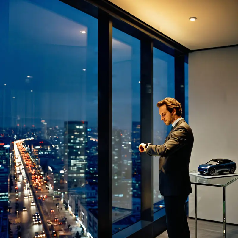 An executive looks over a city at night while checking his watch beside a model of an electric car.