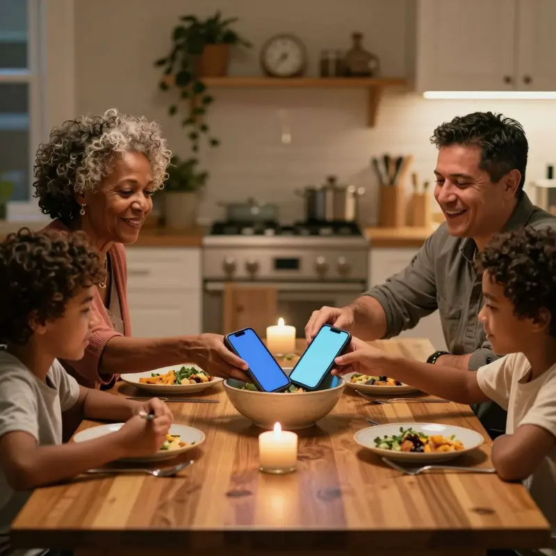 A family drops phones into a bowl before dinner, creating a quiet, screen-free ritual.