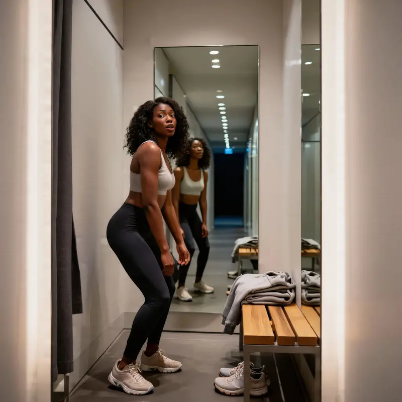A shopper examines how leggings look under fitting room lights, revealing visibility and fit concerns.