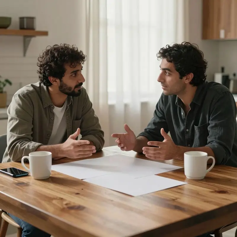A founder and partner talk quietly at a kitchen table, weighing personal risk and business direction.