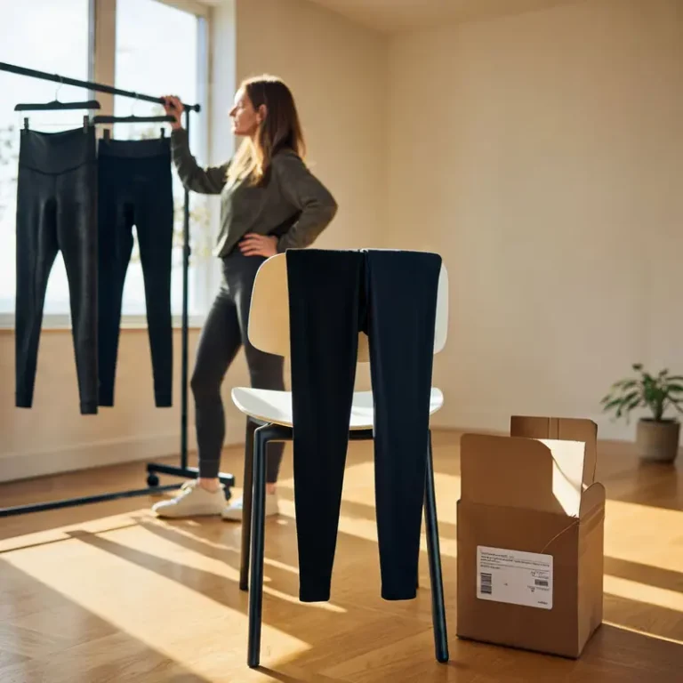 Founder standing by a returned pair of lululemon Get Low leggings while comparing sturdier alternatives on a rack for review.