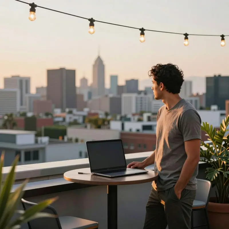 A founder pauses on a rooftop terrace at sunset, contemplating sustainable business growth.