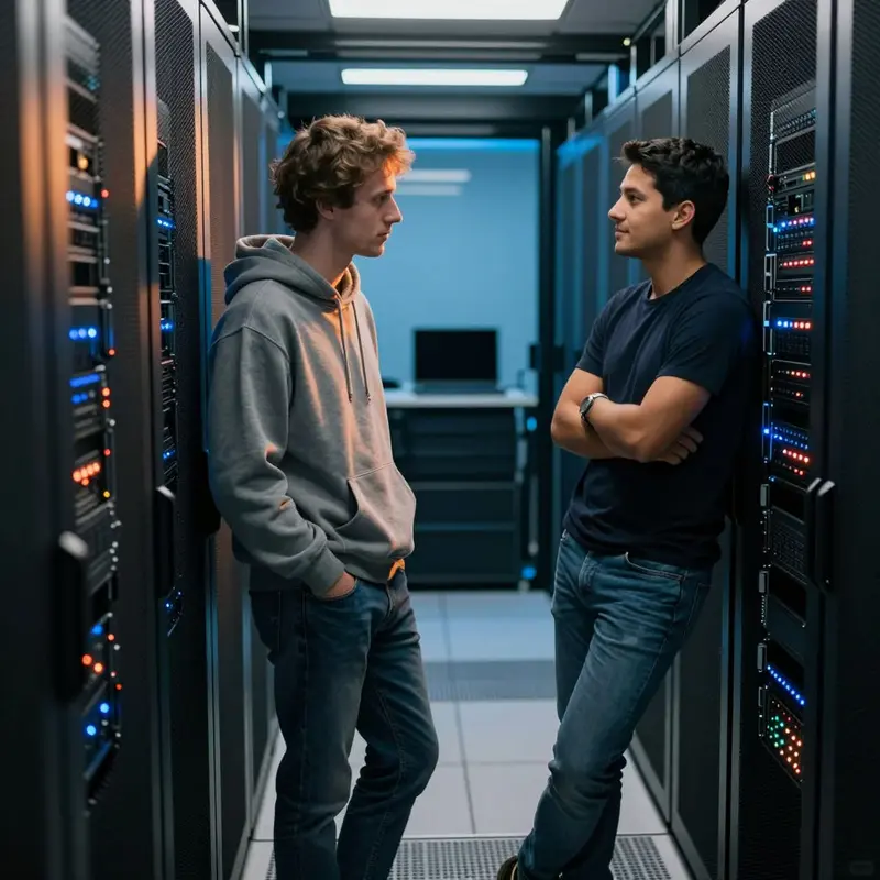 Indie founders stand in a server corridor, contemplating opportunities in a fragmented cloud market.