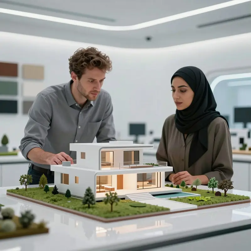 Caucasian man and Middle Eastern woman assess a model of an eco‑friendly luxury home.
