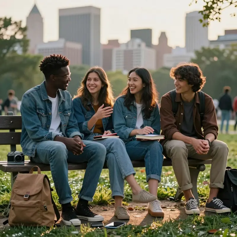 Gen Z friends sit in a park with phones set aside, focusing on in-person conversation.
