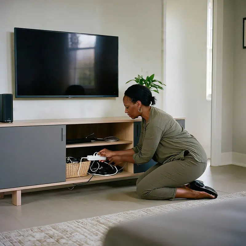 A homeowner hides cords and devices inside a media console to keep the living room visually calm.