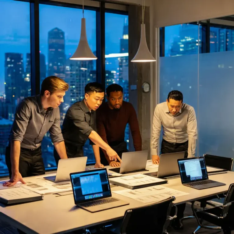 A team in a nighttime office reviewing documents and binders as they plan high risk AI compliance for new rules.