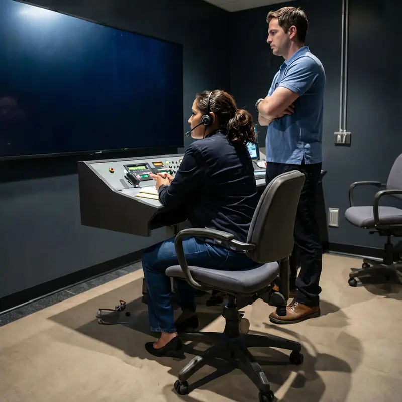 Operators monitoring a dark control room, focused on human oversight of critical systems.