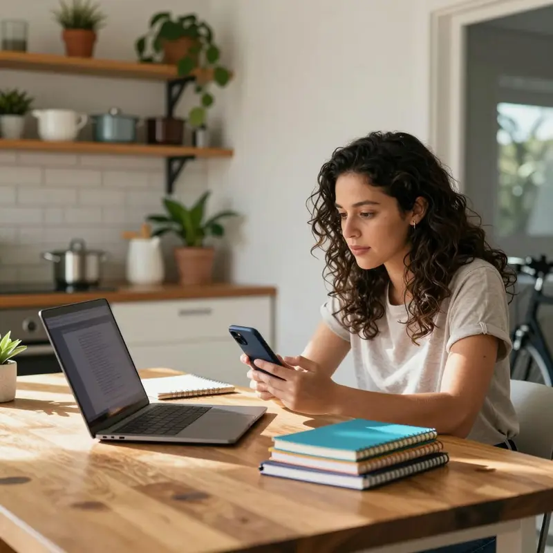 A woman considers both digital devices and analog notebooks in a flexible home workspace.
