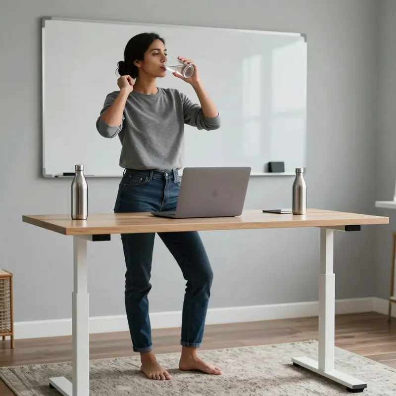 A professional sips water and shifts their weight beside a standing desk in the morning.