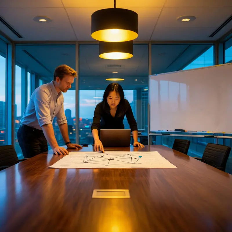 Leaders reviewing a complex systems layout in a glass-walled conference room at dusk.