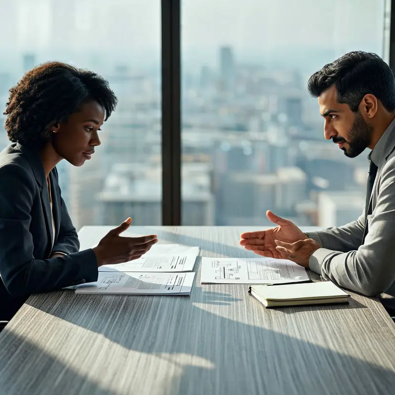 Colleagues closely discussing printed documents in a sunlit office with city views.