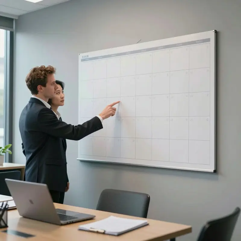 Two colleagues review a blank wall calendar as they plan a 90-day onboarding schedule.