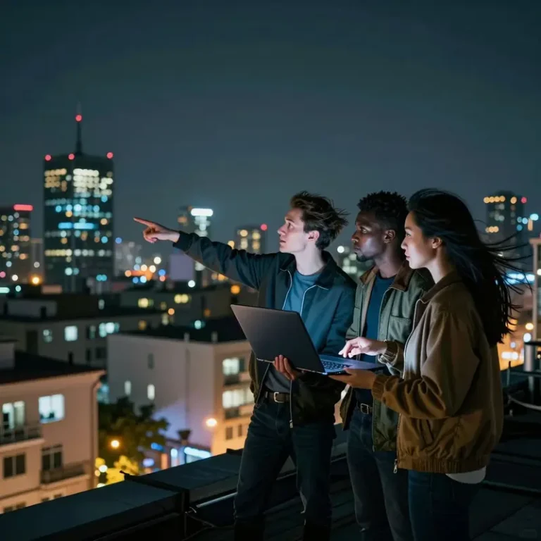 Three founders on a rooftop overlook city infrastructure, considering cloud infrastructure alternatives to bloated cloud stacks.