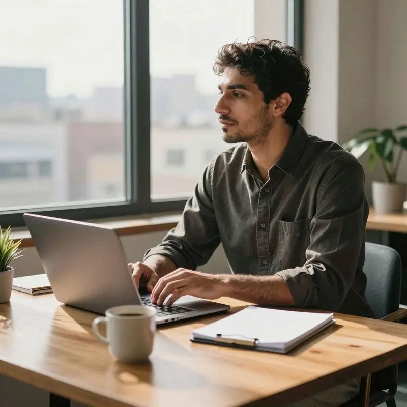 A worker pauses at a tidy desk, calmly preparing to start a focused work block.