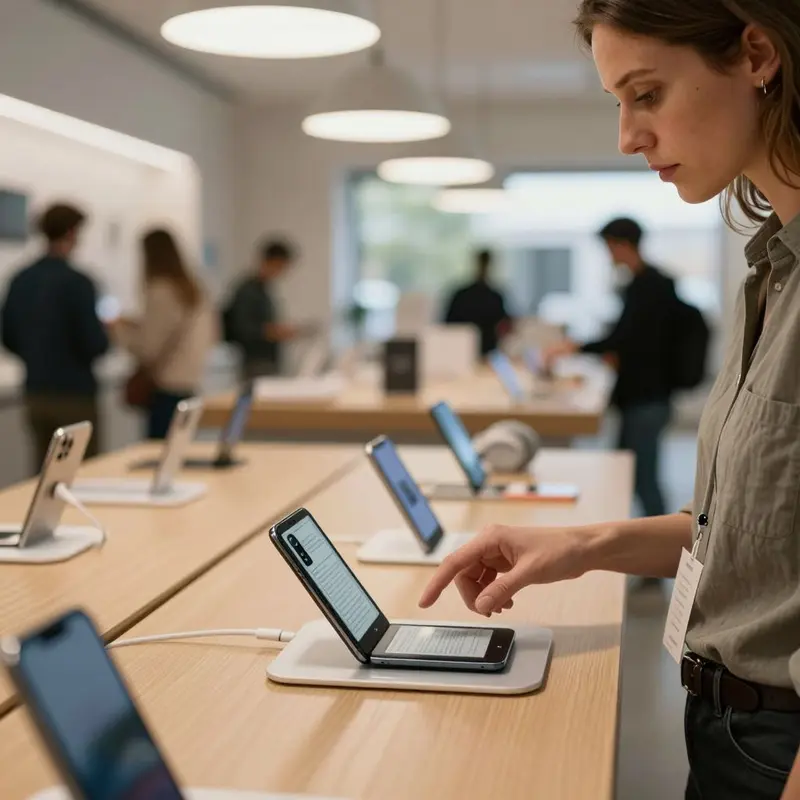 A shopper studies a minimalist phone in a boutique tech store focused on intentional devices.
