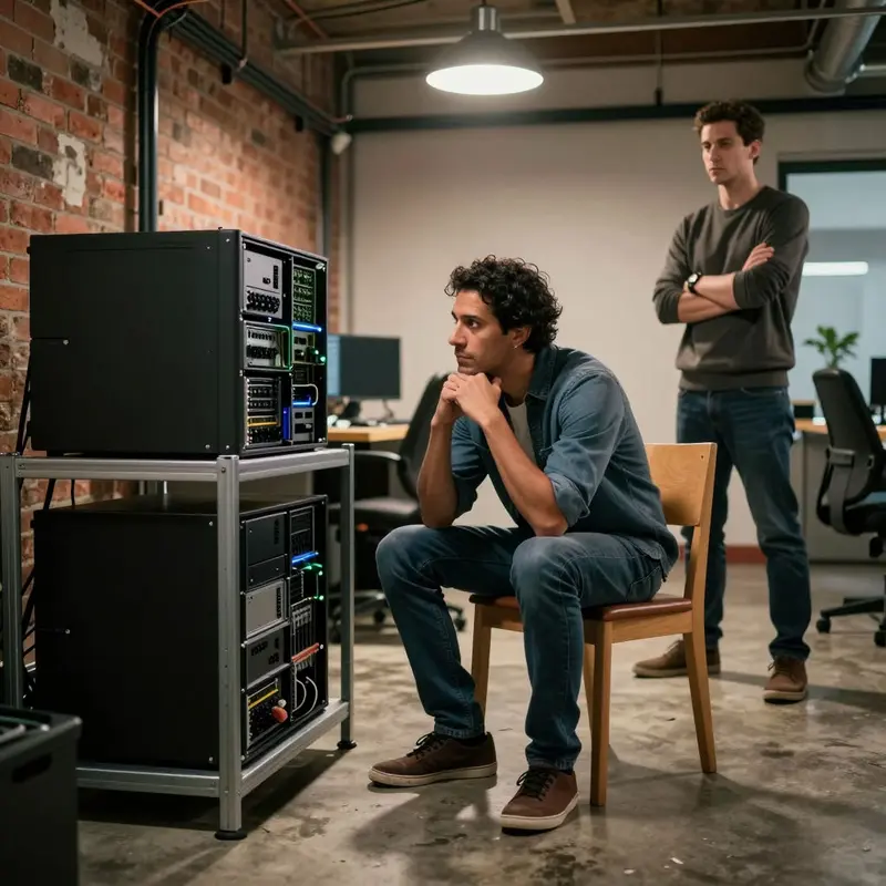 A small startup team studies a compact server stack, weighing lean builds against bloated cloud setups.