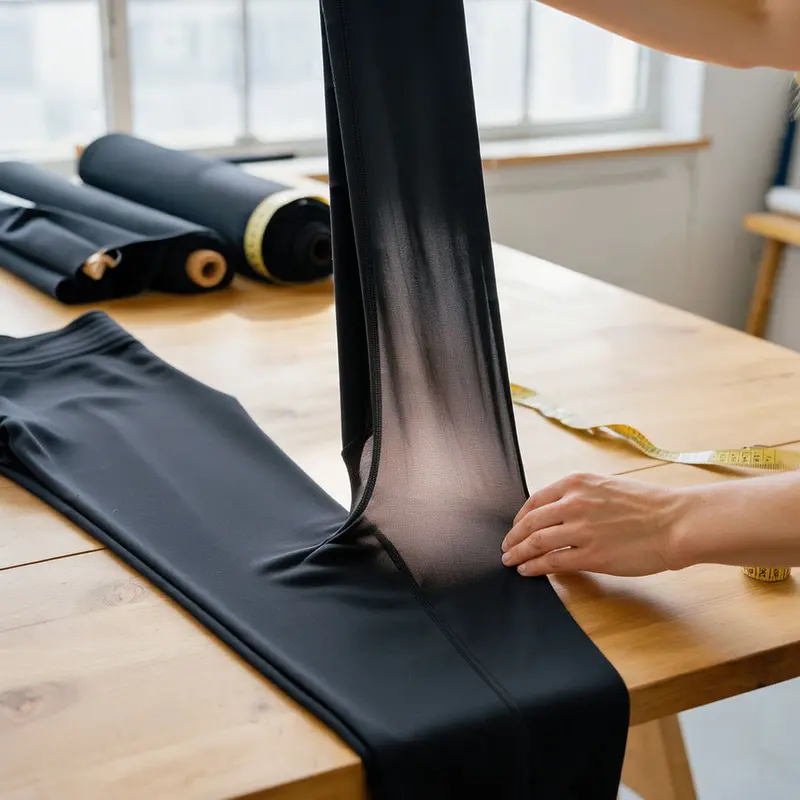 Hands stretch a pair of leggings under strong light to reveal how delicate fabric affects durability.