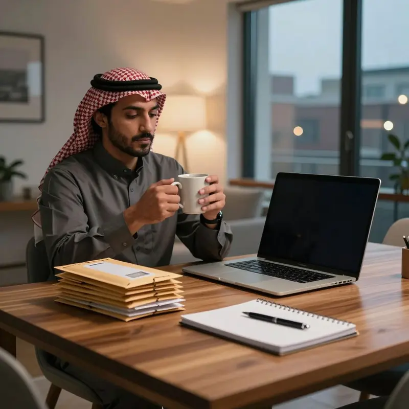 A tired professional sits at a table surrounded by untouched financial materials, reflecting the strain of repeated saving decisions.