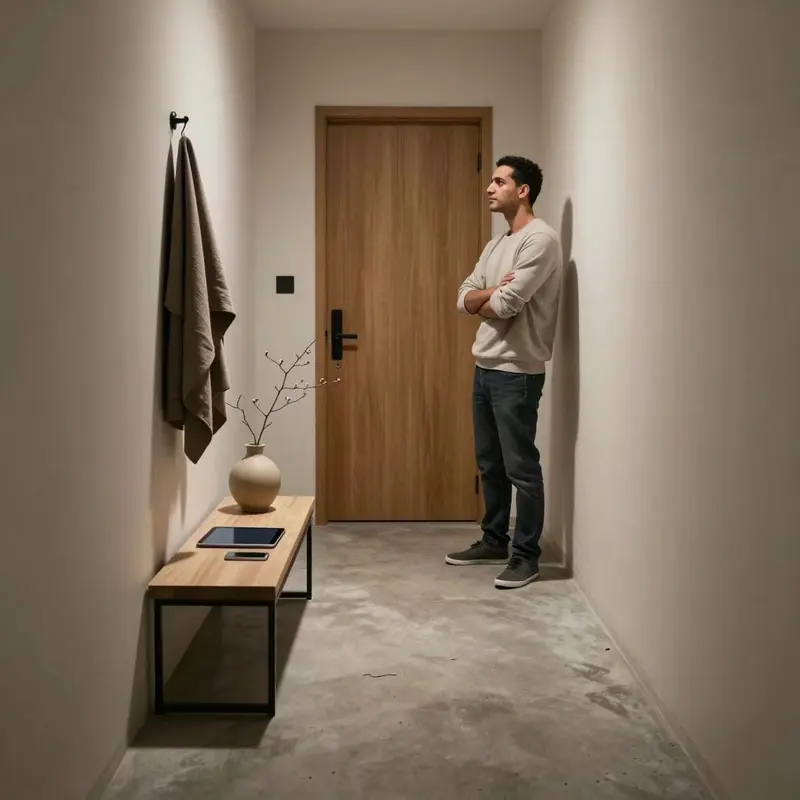A restrained foyer where dark-screen devices rest on a simple bench, highlighting a deliberate, focused minimalist entryway.