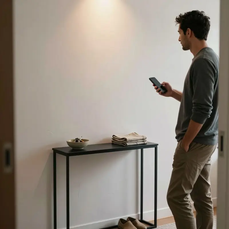 A pared-back foyer where a man ignores his dark-screen phone and focuses on the simple, uncluttered entryway.