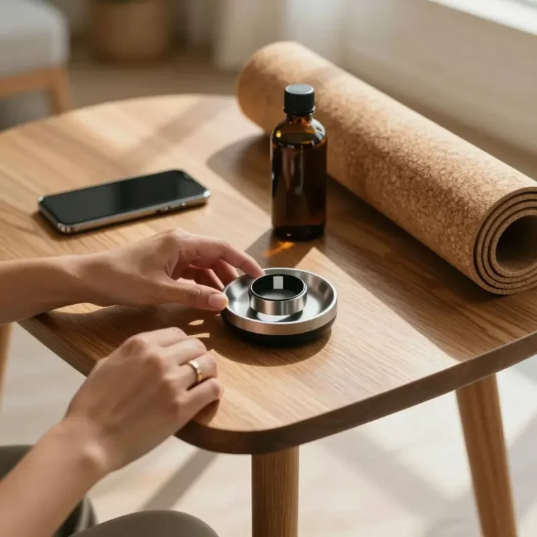Top-down view of a simple set of minimalist wellness essentials on a wooden table, including a smart ring, device, bottle, and cork yoga mat.