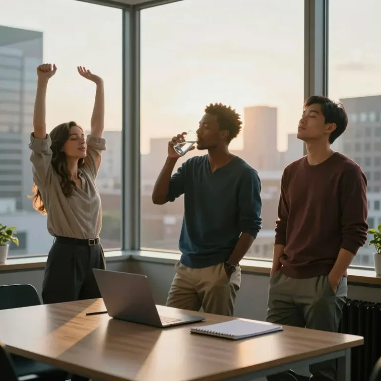 Three office workers by a sunrise window move, breathe, and hydrate as part of a 10 minute morning reset before work.