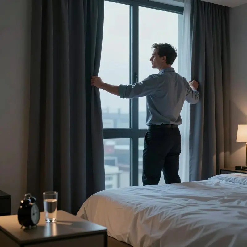 A well-rested professional opens blackout curtains at dawn in a calm, tidy bedroom.