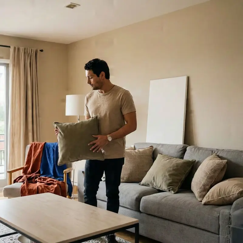 A man introduces richer accent colors into an overly neutral living room to soften visual clutter.