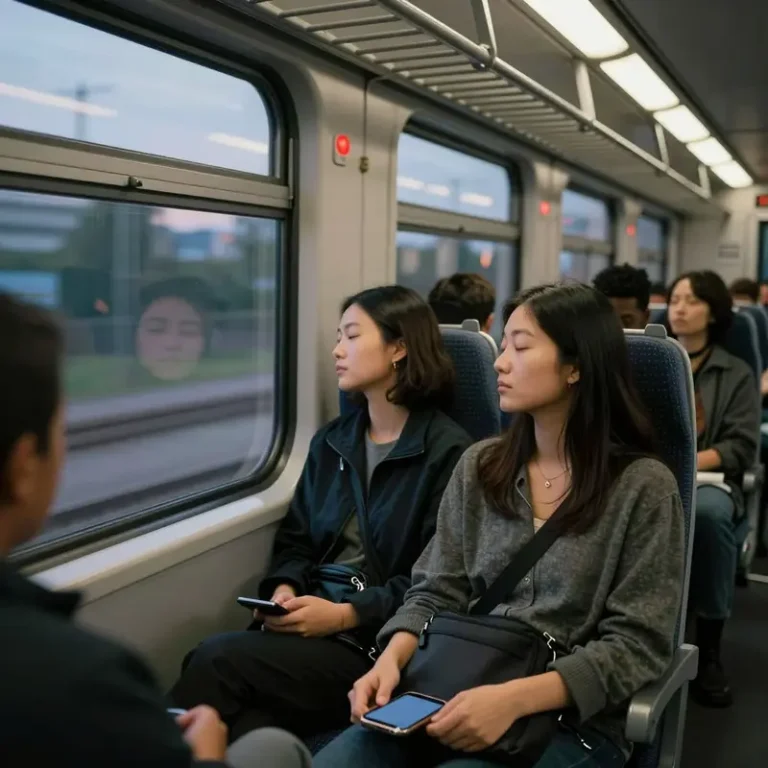 Commuters on an evening train rest with dark-screen phones as one woman looks outside, reflecting the digital detox movement and offline habits.