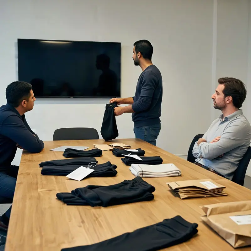 Operations leaders review returned leggings around a table, weighing quality promises against reality.