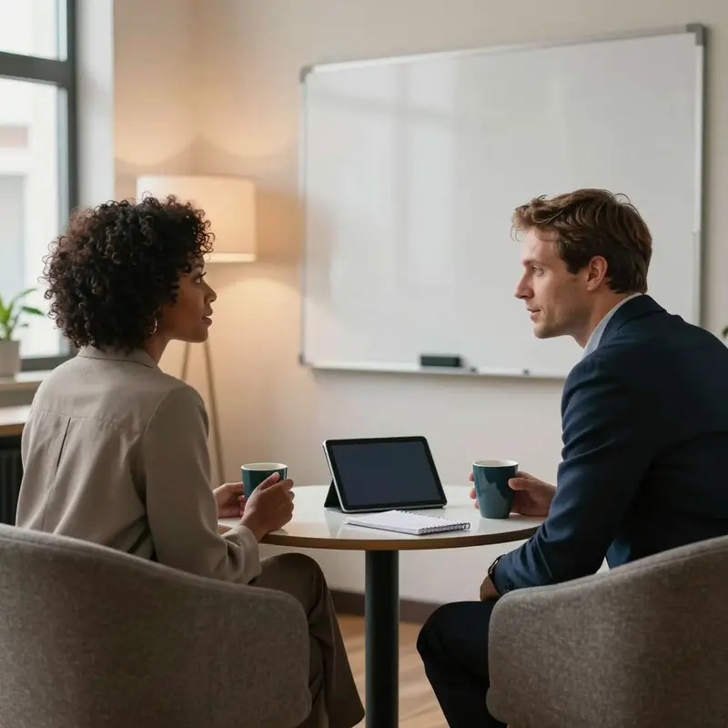 An employee and supervisor share feedback during a relaxed one-on-one meeting.
